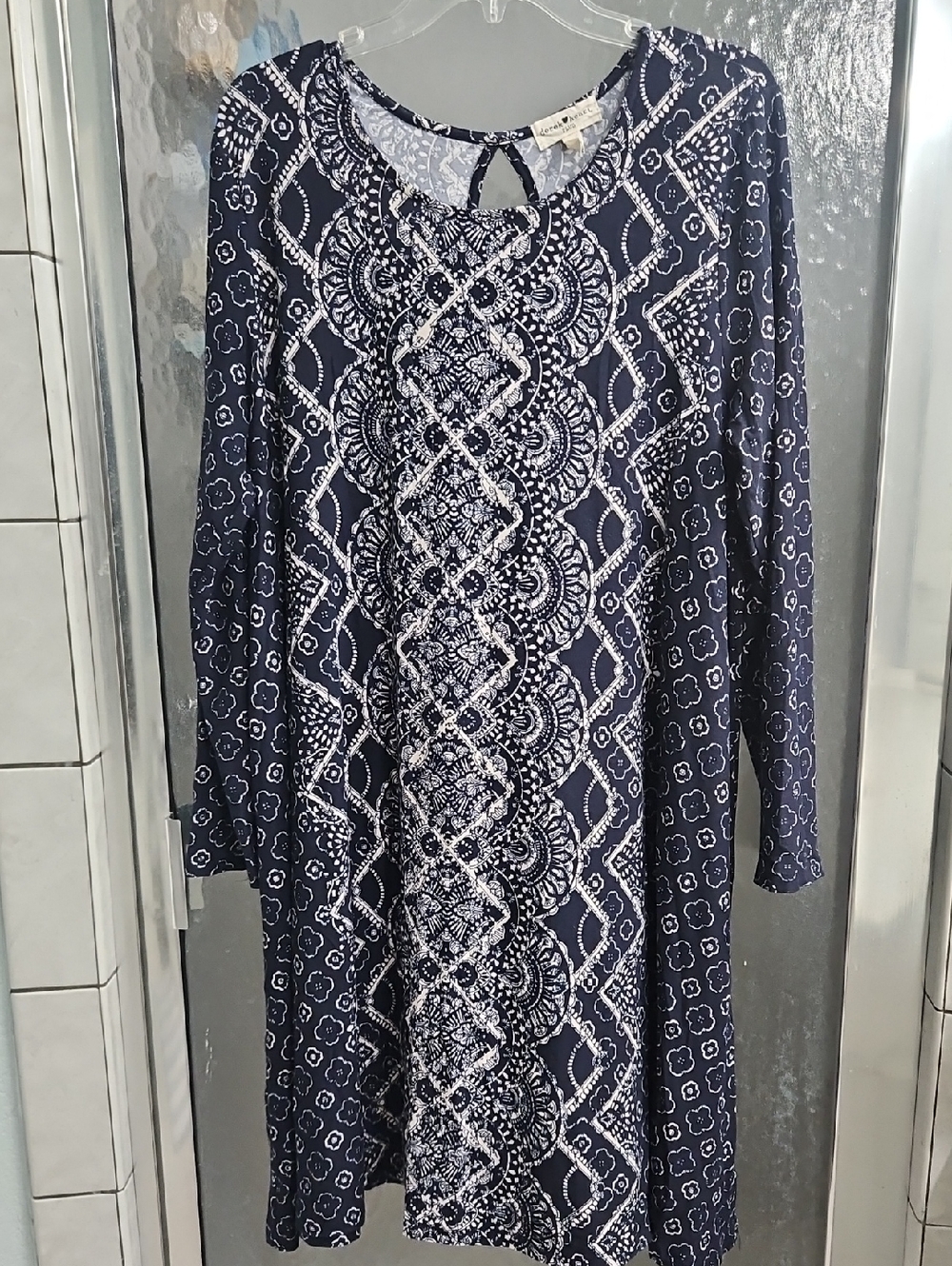 Derek Heart Navy Blue and Cream Printed Long Sleeve Dress